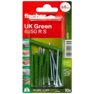 Рекомендуем купить Универсальный эко дюбель Fischer UX 6x50 R S GREEN K NV SCREW с потайным шурупом, упаковка блистер  10 шт
